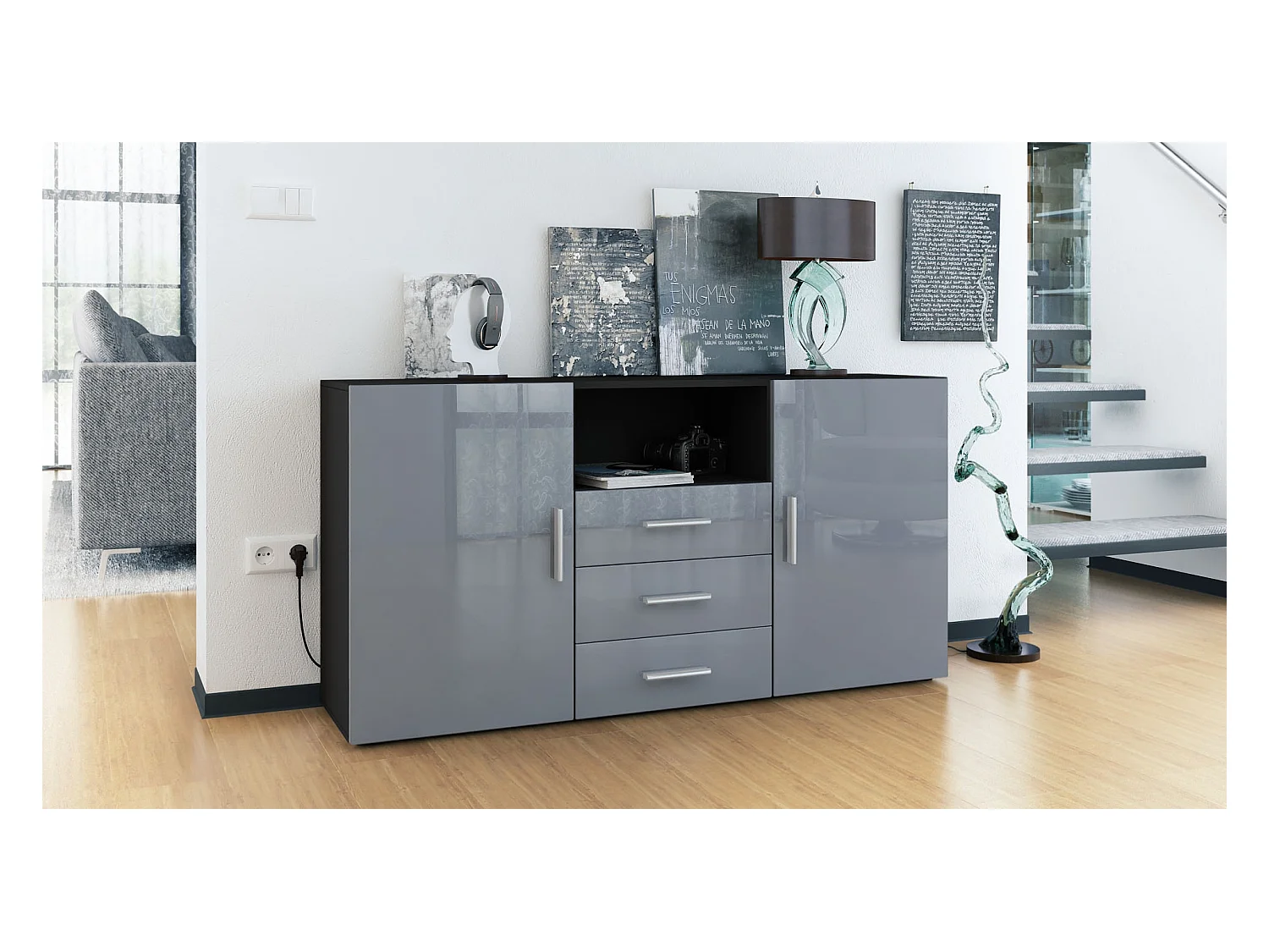 Buffet Skadu, Commode avec 2 portes, 3 tiroirs et 1 compartiment ouvert, noir mat/gris haute brillance (138,5 x 71,5 x 35 cm)