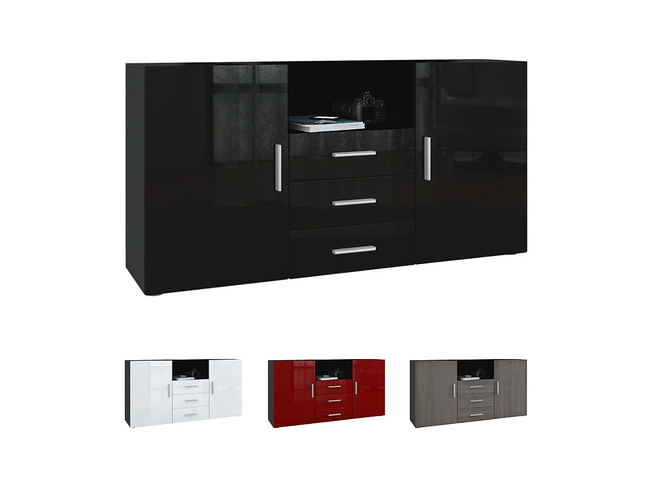 Buffet Skadu, Commode avec 2 portes, 3 tiroirs et 1 compartiment ouvert, noir mat/gris haute brillance (138,5 x 71,5 x 35 cm)