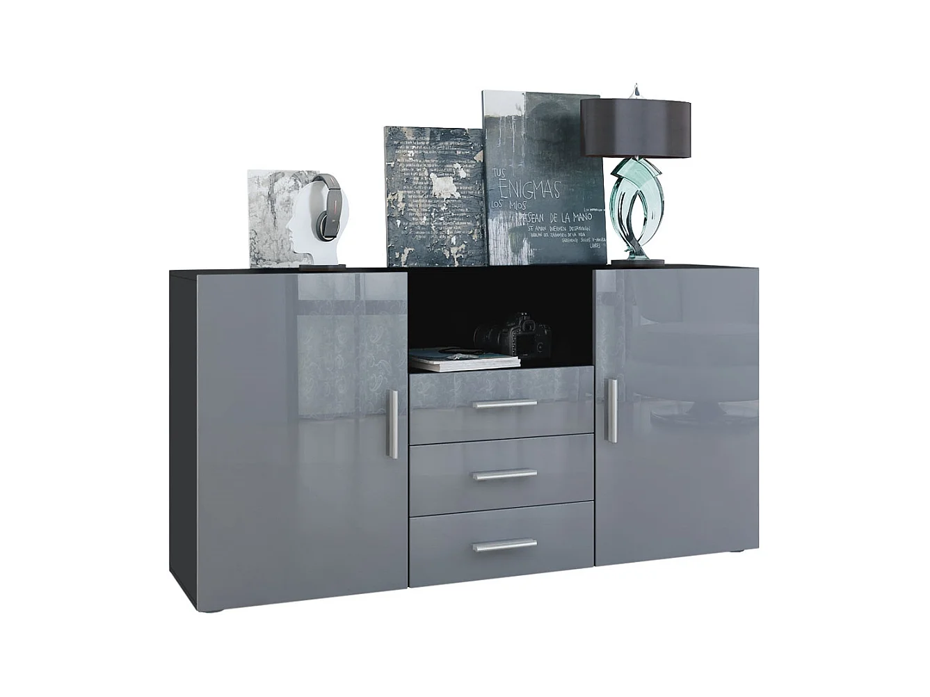 Buffet Skadu, Commode avec 2 portes, 3 tiroirs et 1 compartiment ouvert, noir mat/gris haute brillance (138,5 x 71,5 x 35 cm)