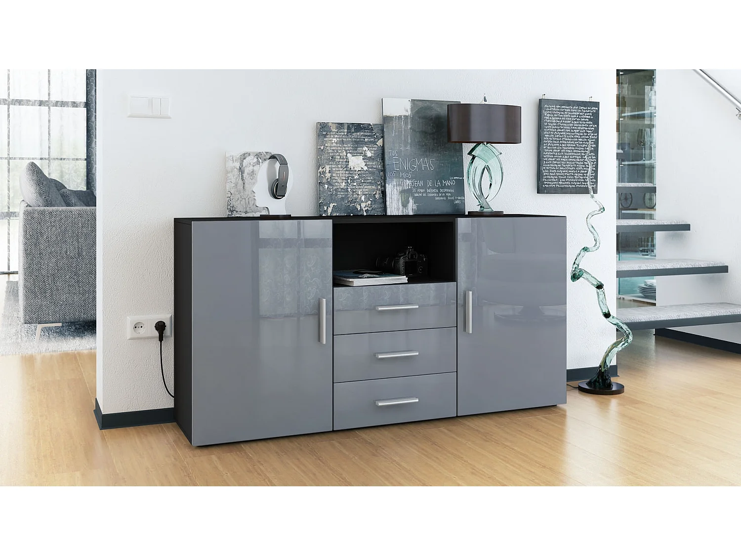 Credenza Skadu, mobile con 2 ante, 3 cassetti e 1 scomparto a giorno, nero opaco/grigio lucido (138,5 x 71,5 x 35 cm)
