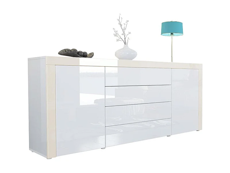 Buffet commode La Paz, Corps en Blanc haute brillance / Façades en blanc haute brillance avec une bordure en crème haute brillance