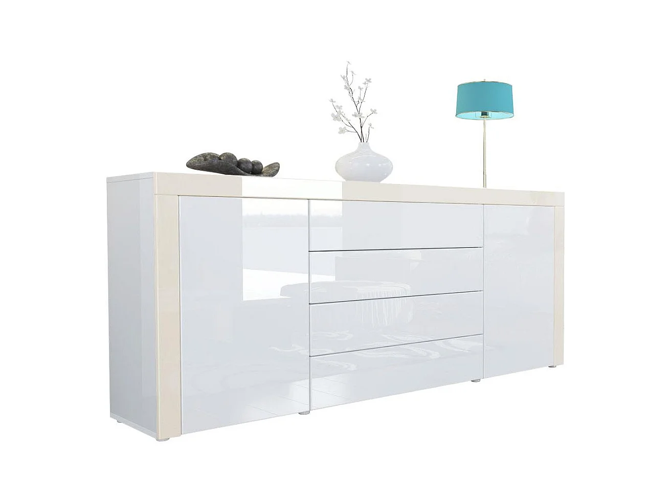 Buffet commode La Paz, Corps en Blanc haute brillance / Façades en blanc haute brillance avec une bordure en crème haute brillance