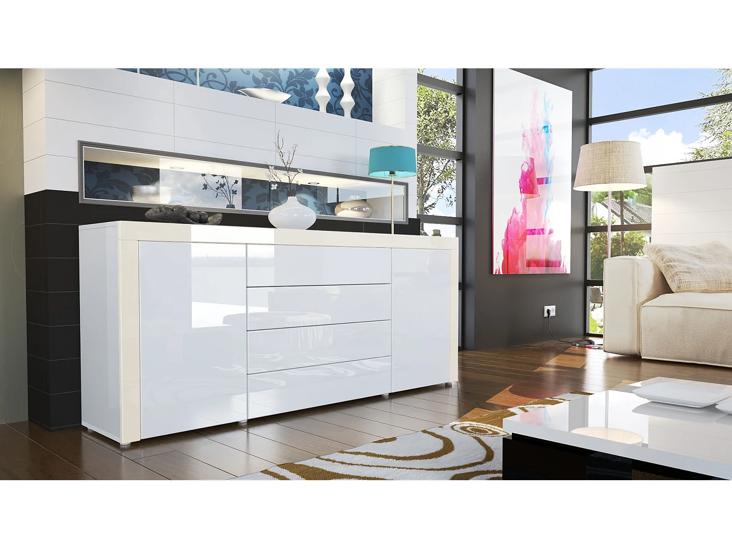 Aparador Cómoda La Paz, cuerpo en blanco de alto brillo / Frente en blanco de alto brillo con marco en crema de alto brillo