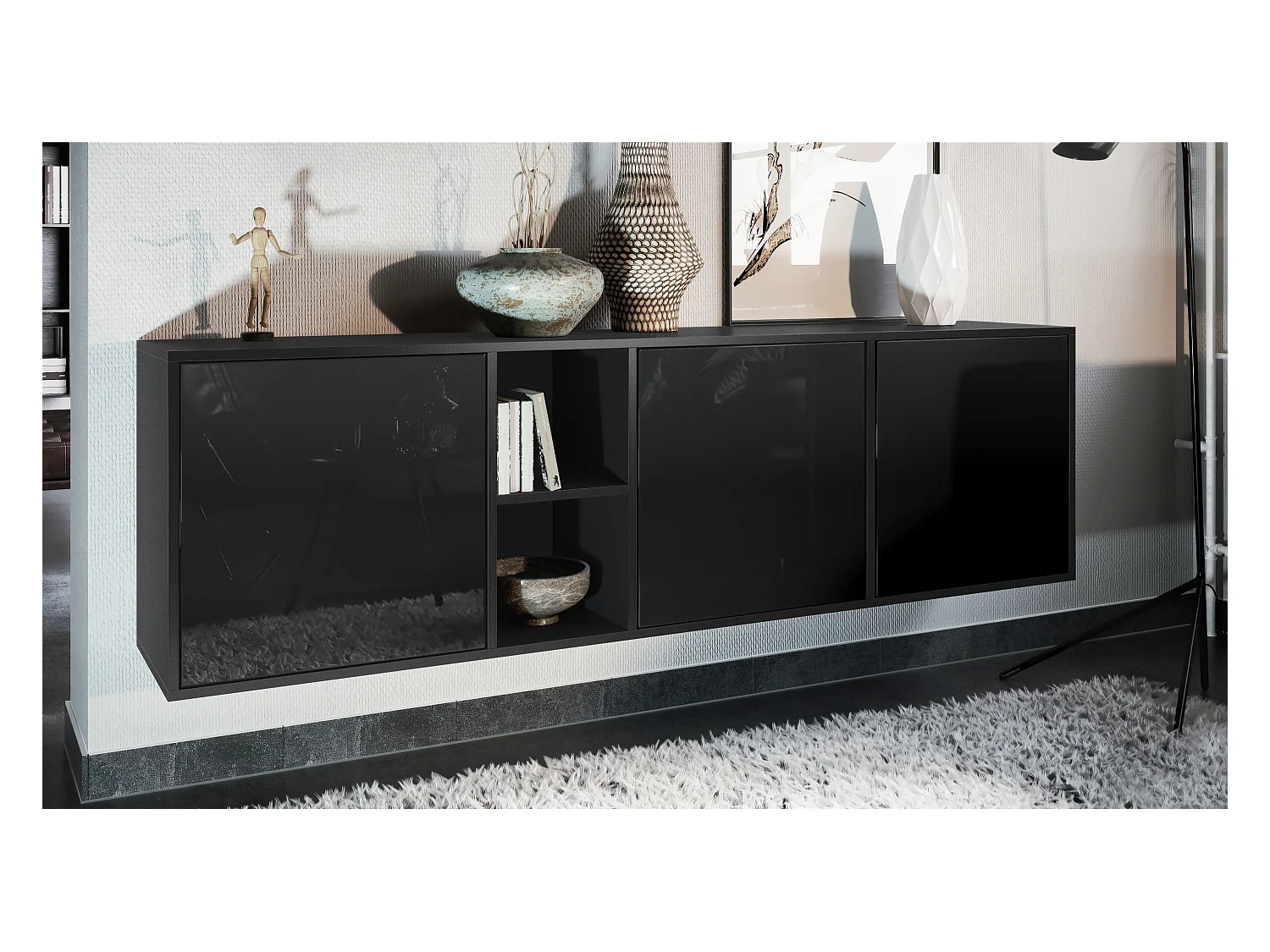 Commode Cuba - noir mat/noir haute brillance - Buffet moderne pour votre salon - (LxHxP) 182x53x35 cm
