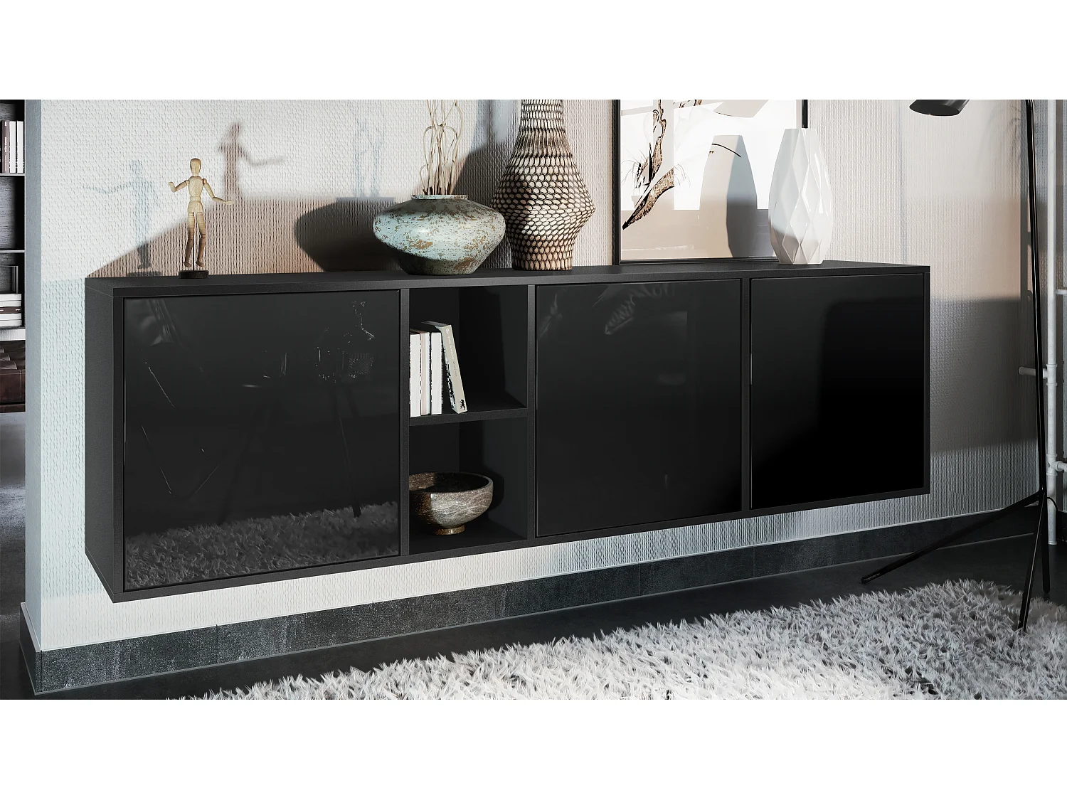 Vladon Cassettiera Cuba - nero opaco/nero lucido - Credenza moderna per la zona giorno - (LxAxP) 182x53x35 cm