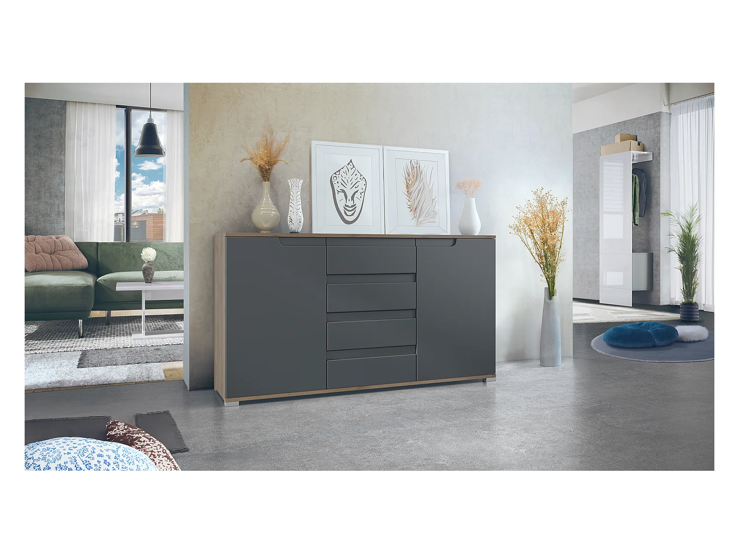 Buffet Dressoir Sylt, Corps en Noir mat / Façades en anthracite mat avec un decor en anthracite mat (139 x 72 x 35)