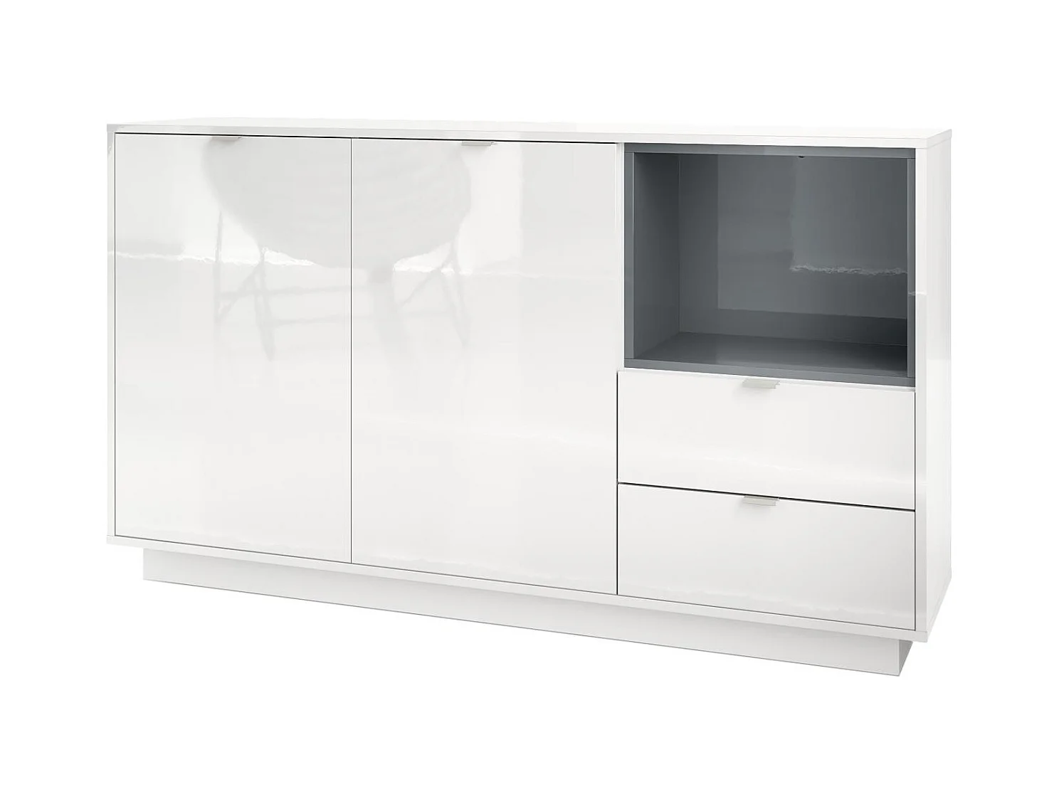 Buffet Armoire Metro, Corps en Blanc haute brillance / Façades en Blanc haute brillance avec une insertion en Gris haute brillance