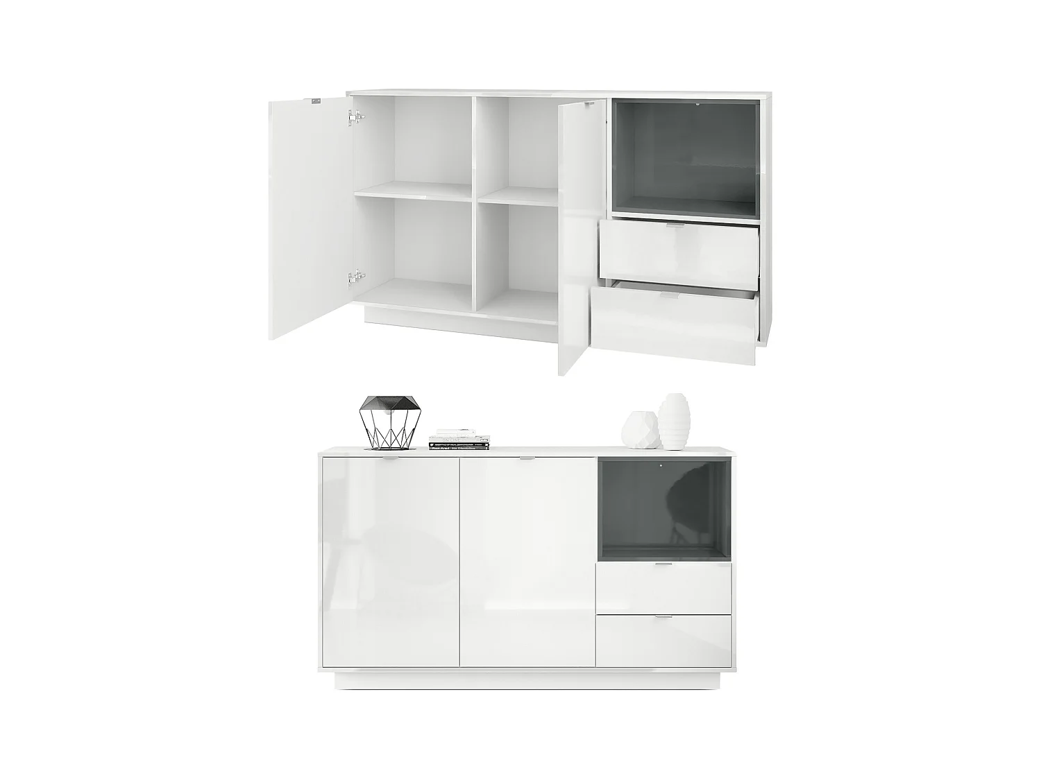 Buffet Armoire Metro, Corps en Blanc haute brillance / Façades en Blanc haute brillance avec une insertion en Gris haute brillance