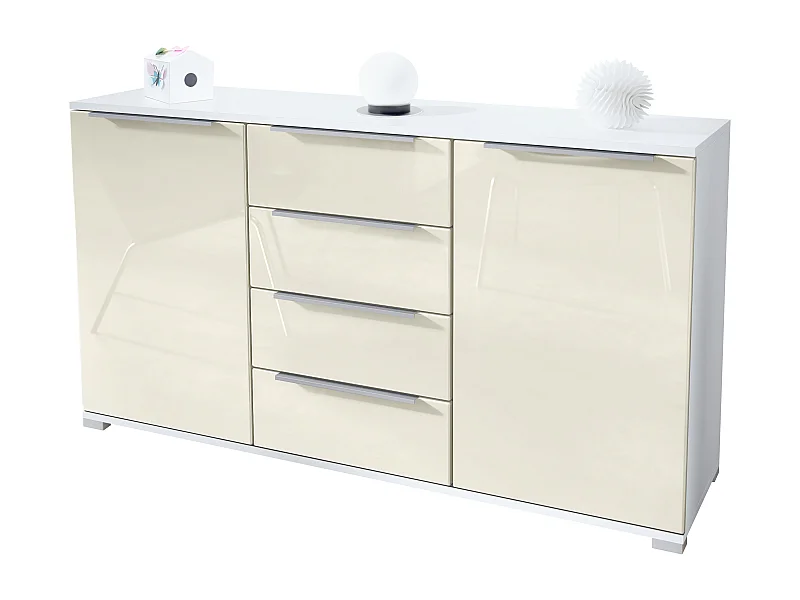 Buffet Linio V1, Enfilade avec 2 portes et 4 tiroirs, blanc mat / crème haute brillance (138,5 x 75,5 x 35 cm)