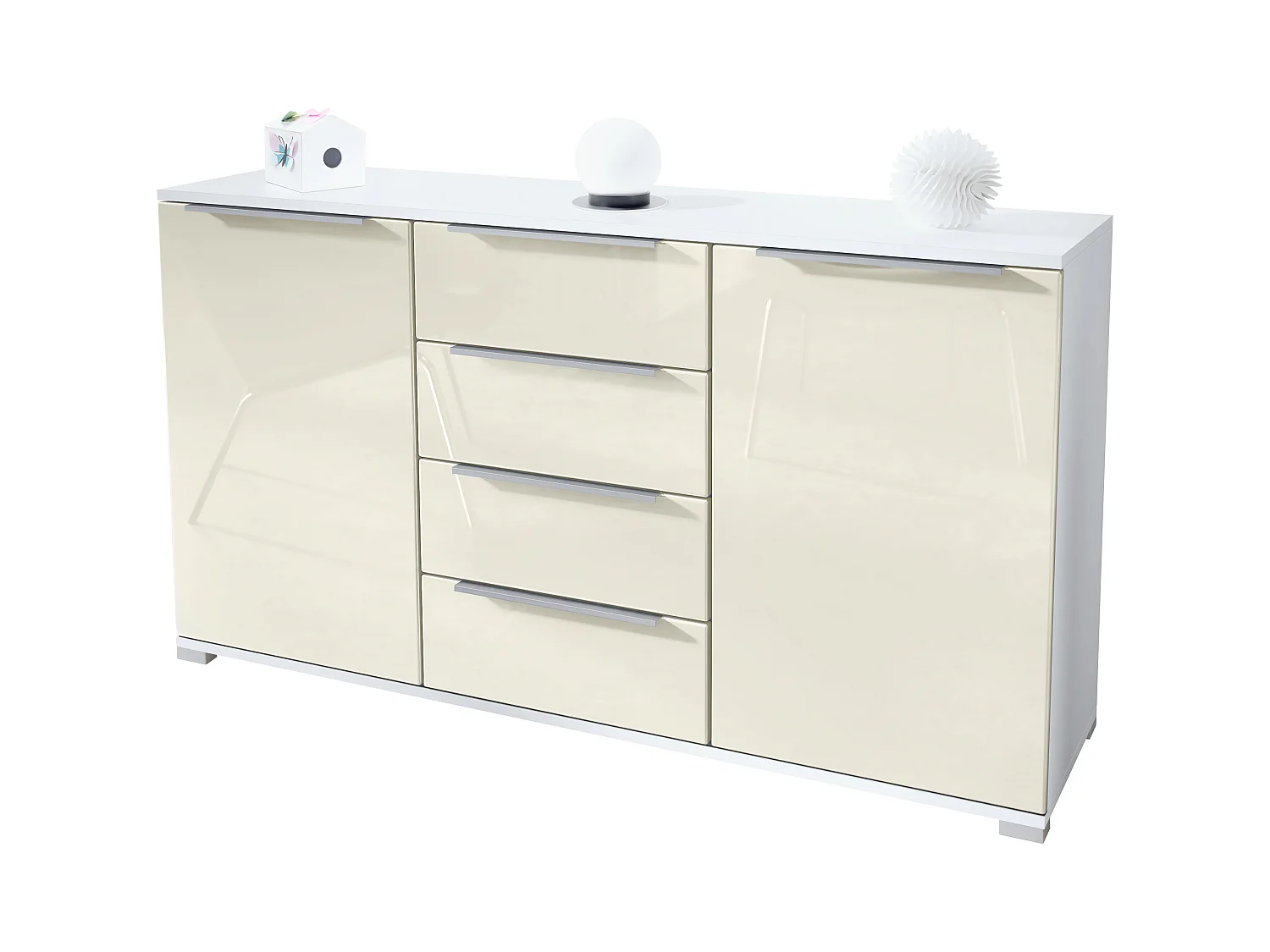 Buffet Linio V1, Enfilade avec 2 portes et 4 tiroirs, blanc mat / crème haute brillance (138,5 x 75,5 x 35 cm)