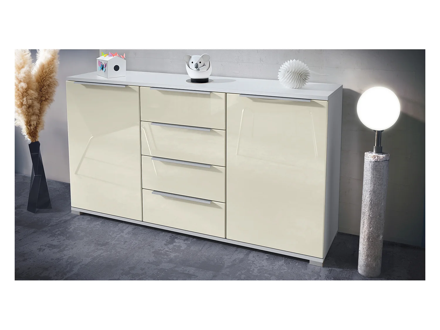 Buffet Linio V1, Enfilade avec 2 portes et 4 tiroirs, blanc mat / crème haute brillance (138,5 x 75,5 x 35 cm)