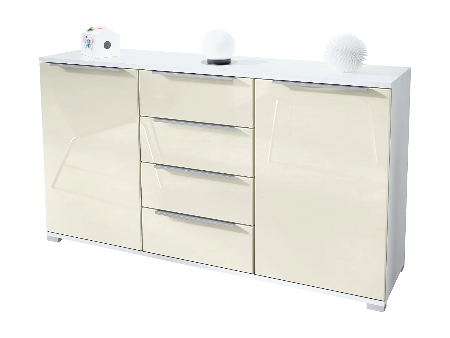 Buffet Linio V1, Enfilade avec 2 portes et 4 tiroirs, blanc mat / crème haute brillance (138,5 x 75,5 x 35 cm)