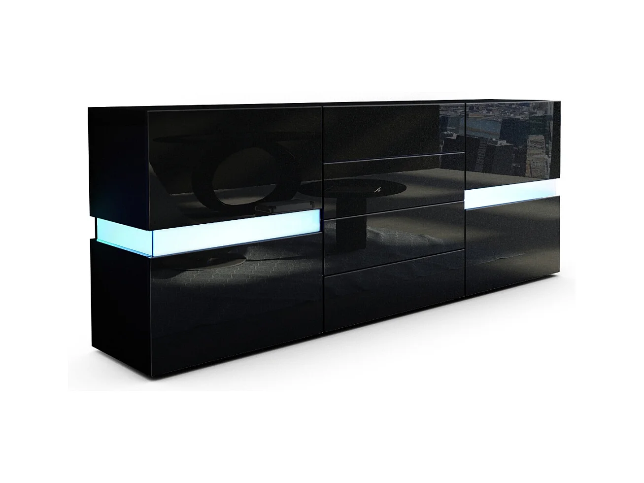 Sideboard Flow, noir mat/noir haute brillance y compris LED - Commode moderne avec vitrage Ambient Light pour votre espace de vie (177 x 75 x 39 cm)