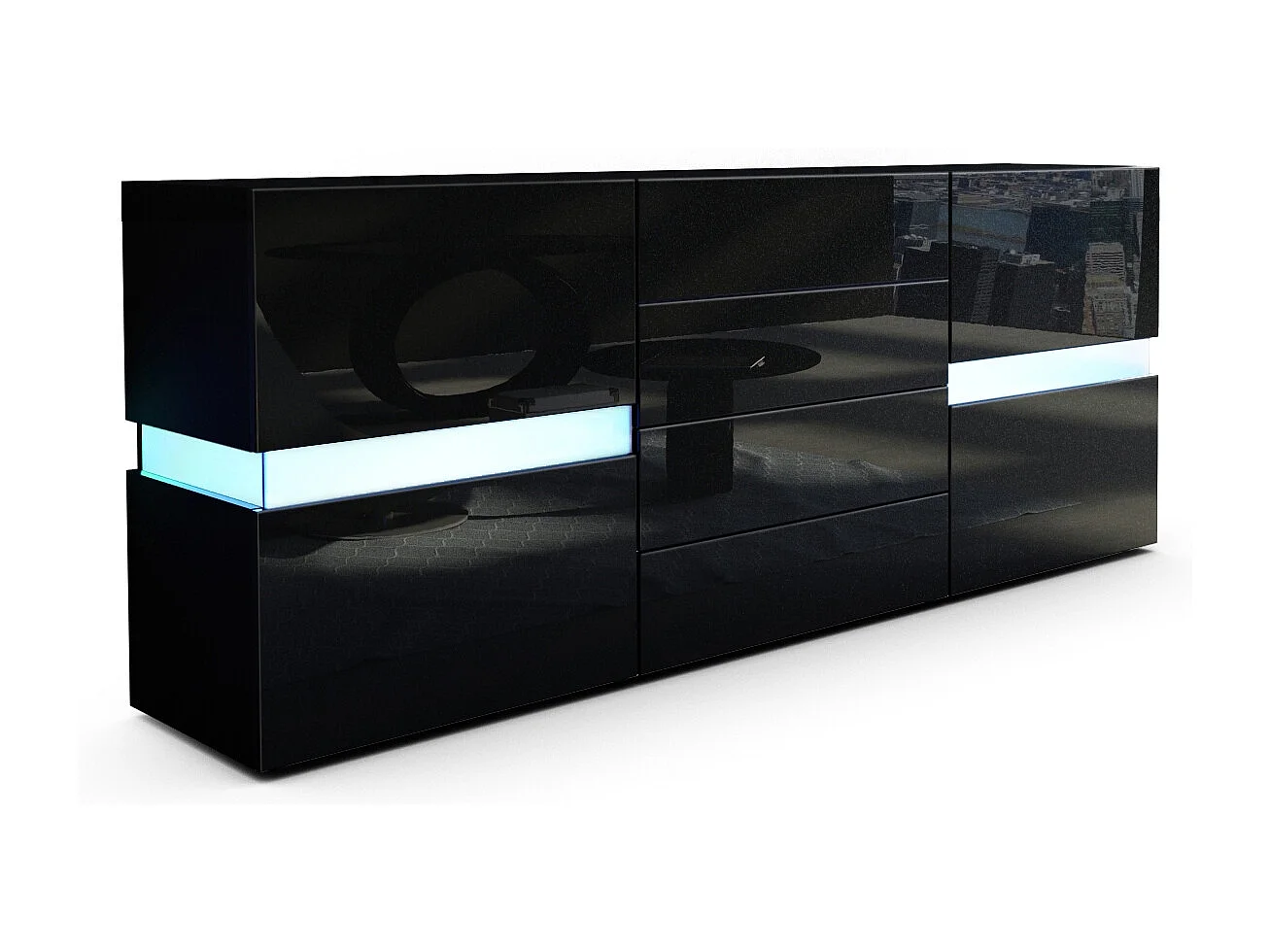 Sideboard Flow, noir mat/noir haute brillance y compris LED - Commode moderne avec vitrage Ambient Light pour votre espace de vie (177 x 75 x 39 cm)