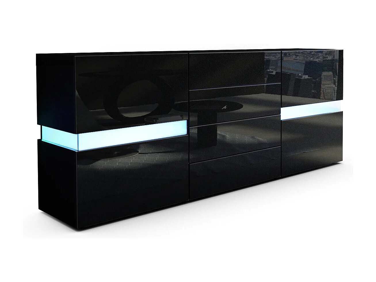 Vladon Sideboard Flow, nero opaco/nero lucido incl. LED - Cassettiera moderna con vetrata Ambient Light per la vostra zona giorno (177 x 75 x 39 cm)