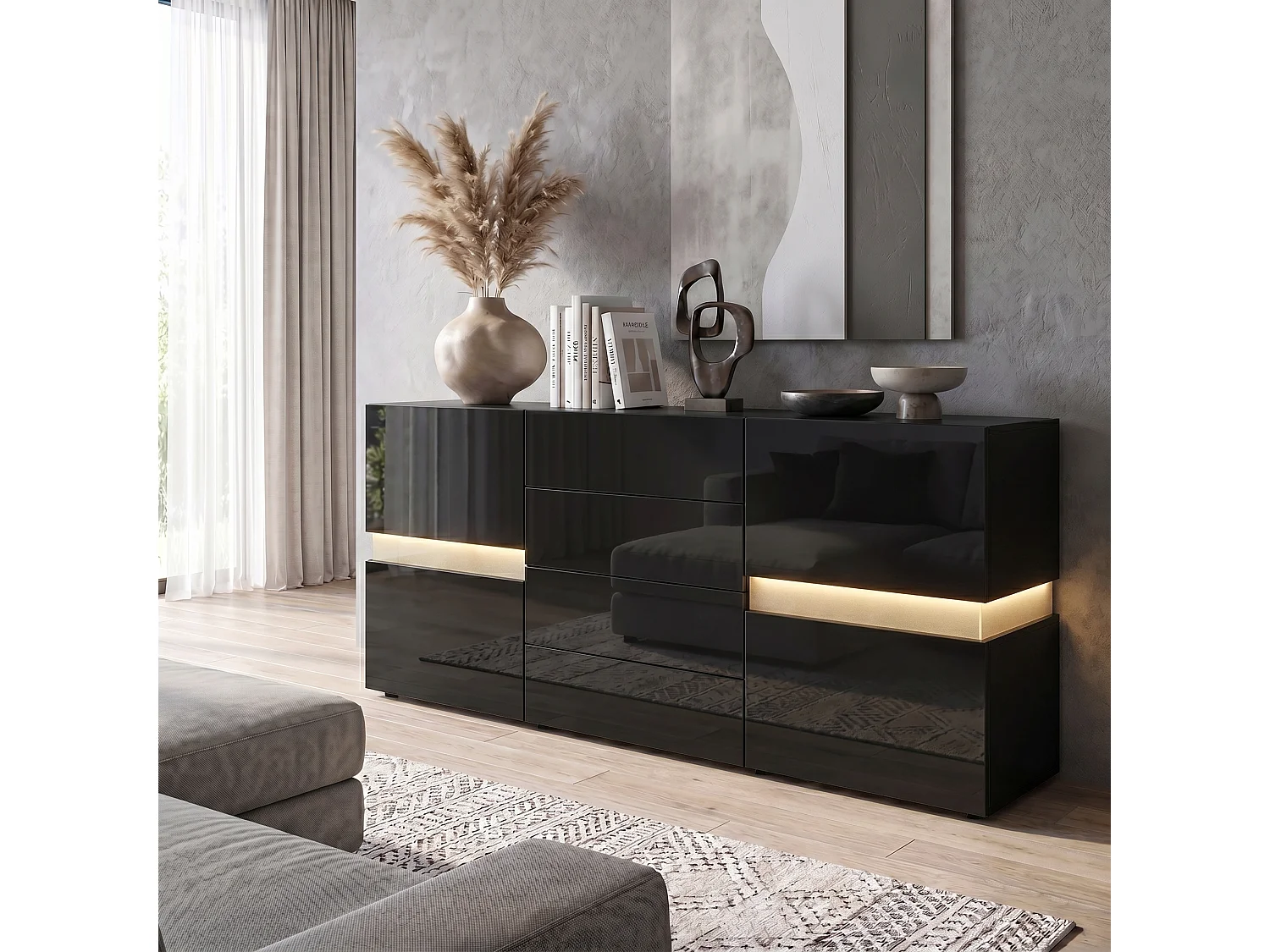Vladon Sideboard Flow, nero opaco/nero lucido incl. LED - Cassettiera moderna con vetrata Ambient Light per la vostra zona giorno (177 x 75 x 39 cm)