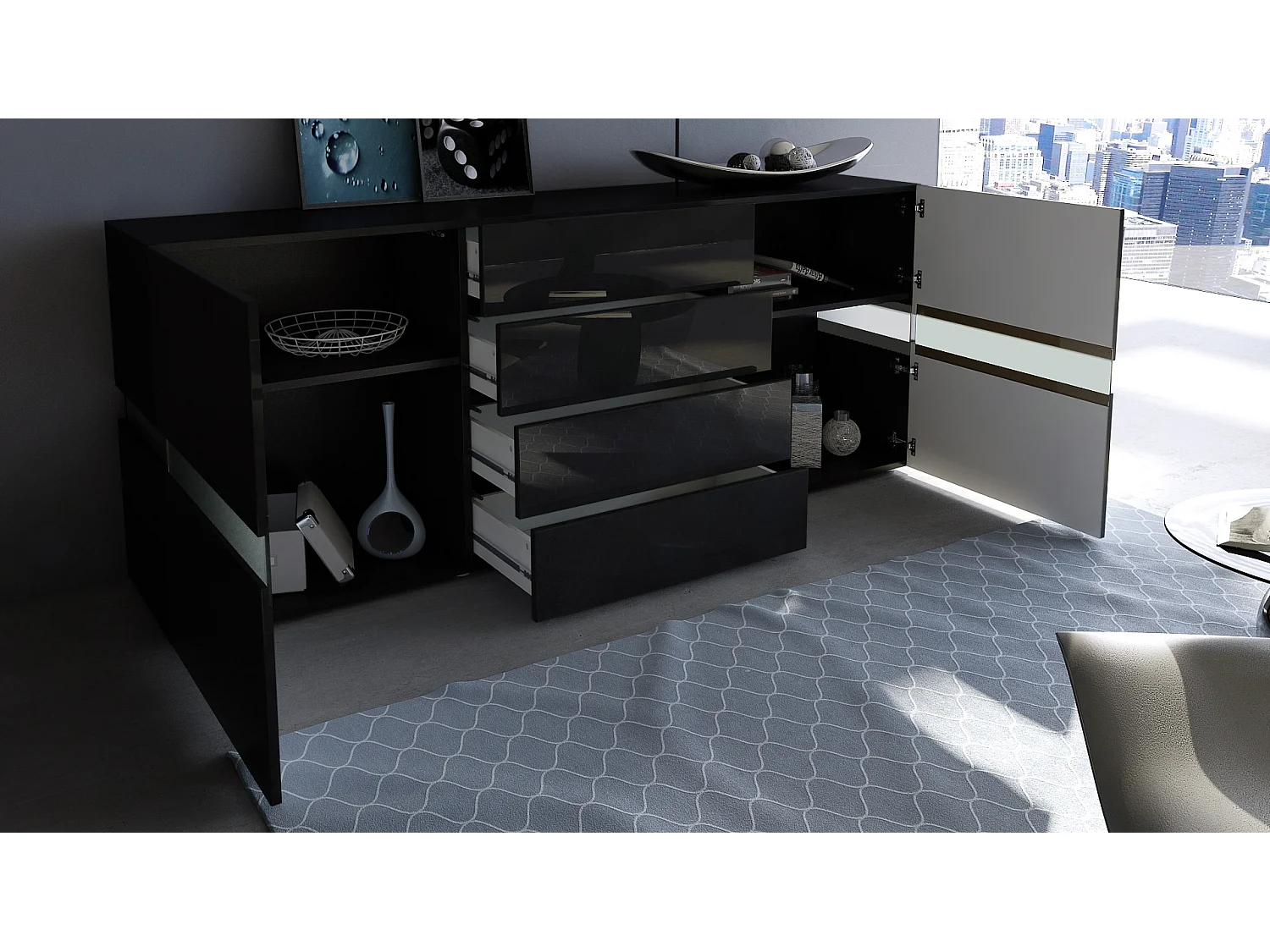 Vladon Sideboard Flow, nero opaco/nero lucido incl. LED - Cassettiera moderna con vetrata Ambient Light per la vostra zona giorno (177 x 75 x 39 cm)