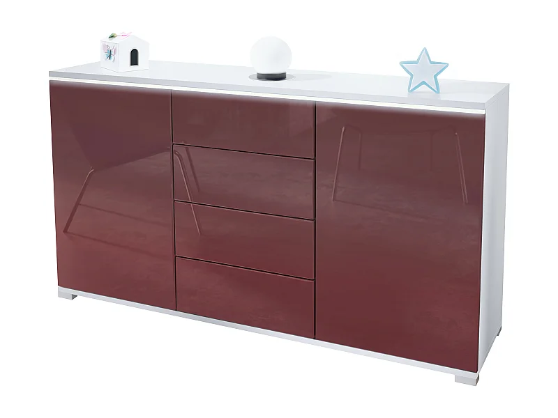 Buffet Faro V1 – Meuble avec 2 Portes & 4 Tiroirs, Armoire avec Bande LED Lumineuse, blanc mat / bordeaux haute brillance (138,5 x 75,5 x 35)