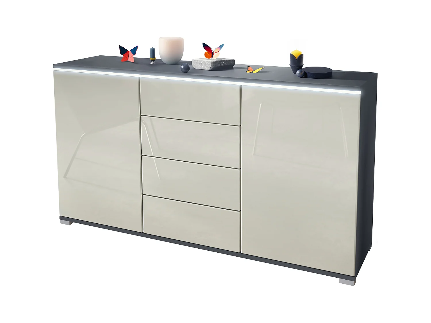 Buffet Faro V1 – Meuble avec 2 Portes & 4 Tiroirs, Armoire avec Bande LED Lumineuse, anthracite mat / crème haute brillance (138,5 x 75,5 x 35)