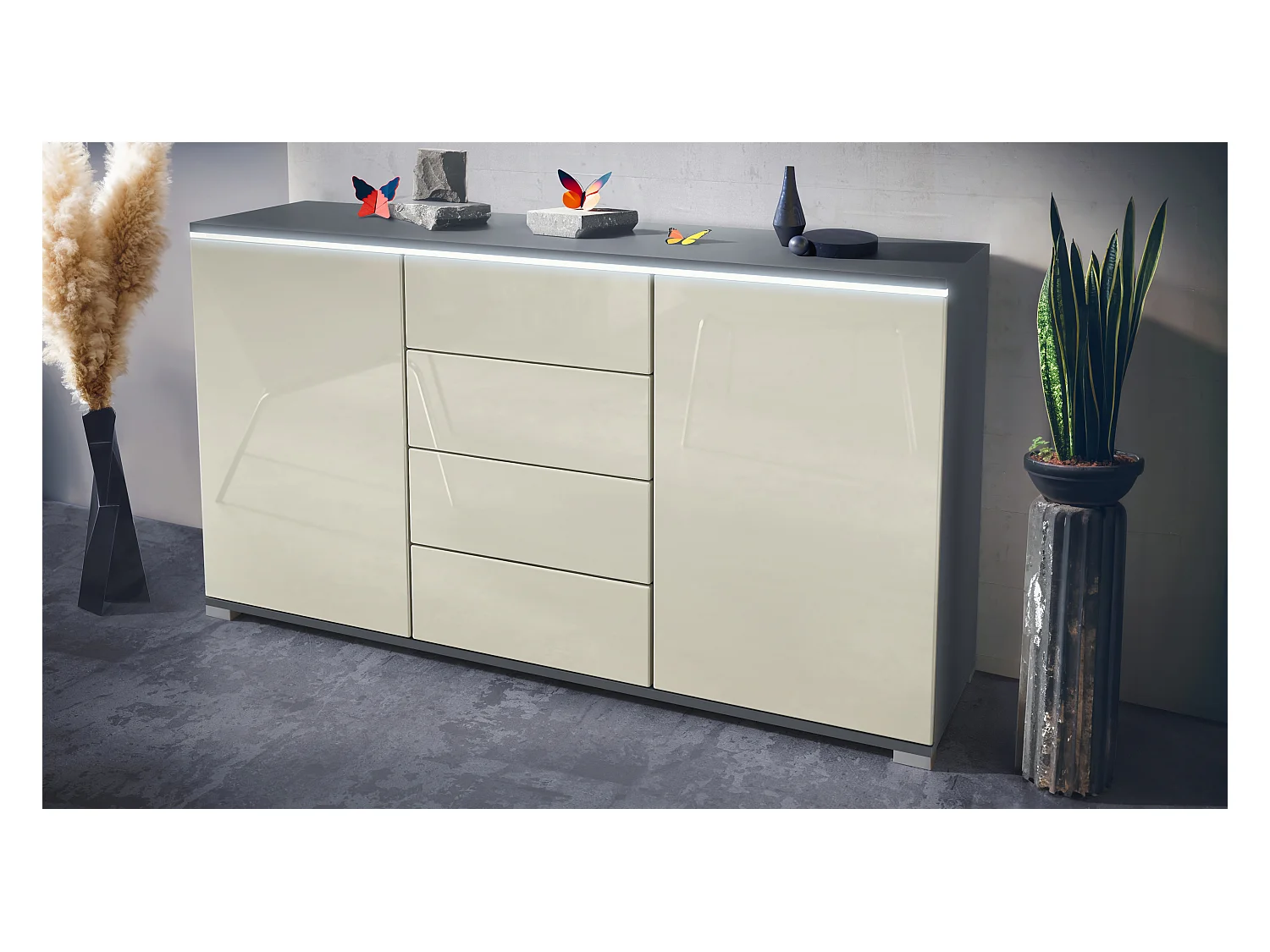 Buffet Faro V1 – Meuble avec 2 Portes & 4 Tiroirs, Armoire avec Bande LED Lumineuse, anthracite mat / crème haute brillance (138,5 x 75,5 x 35)