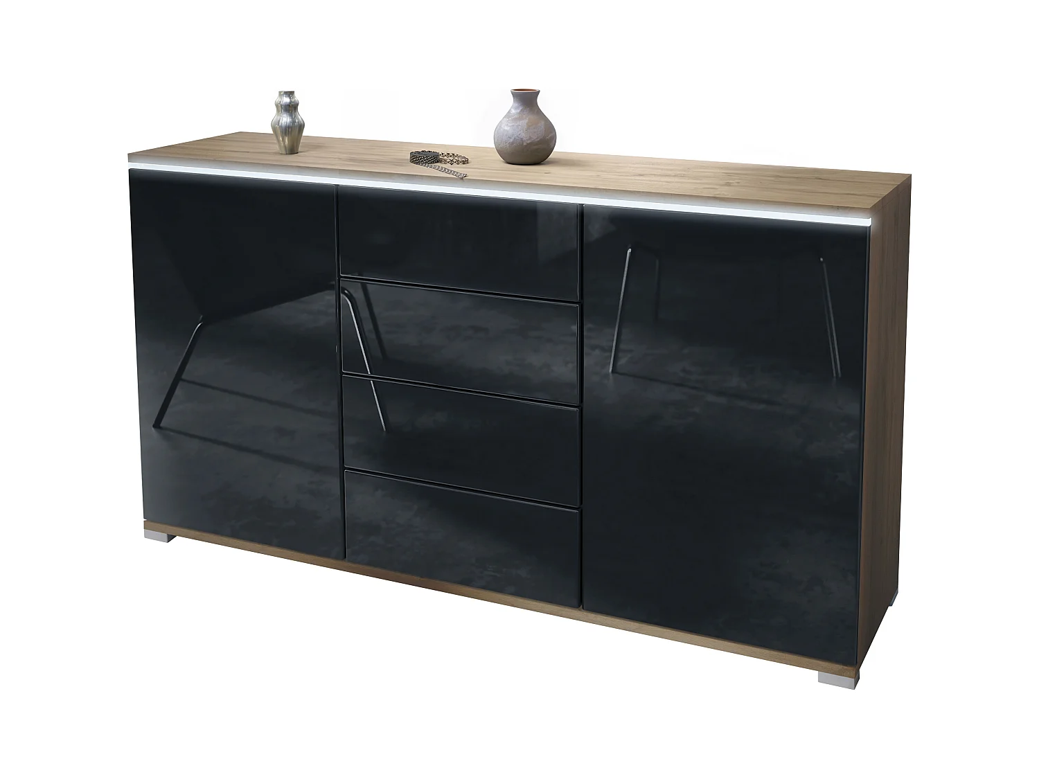 Buffet Faro V1 – Meuble avec 2 Portes & 4 Tiroirs, Armoire avec Bande LED Lumineuse, Chêne Evoke / noir haute brillance (138,5 x 75,5 x 35)