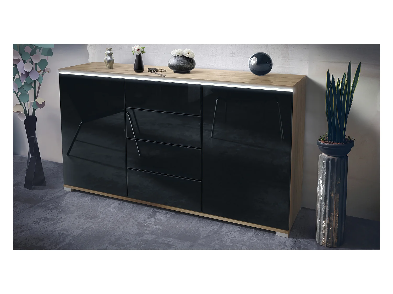 Buffet Faro V1 – Meuble avec 2 Portes & 4 Tiroirs, Armoire avec Bande LED Lumineuse, Chêne Evoke / noir haute brillance (138,5 x 75,5 x 35)