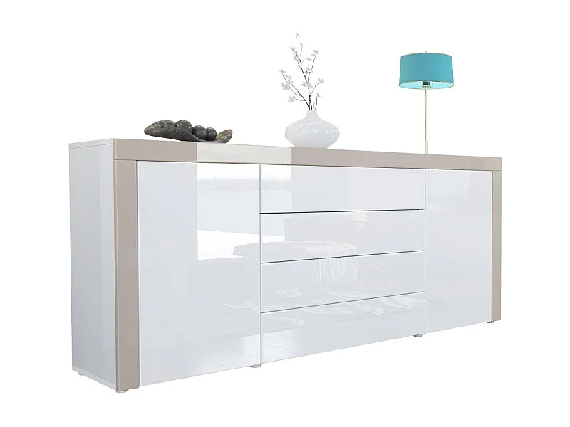 Buffet commode La Paz, Corps en Blanc haute brillance / Façades en blanc haute brillance avec une bordure en gris sable haute brillance