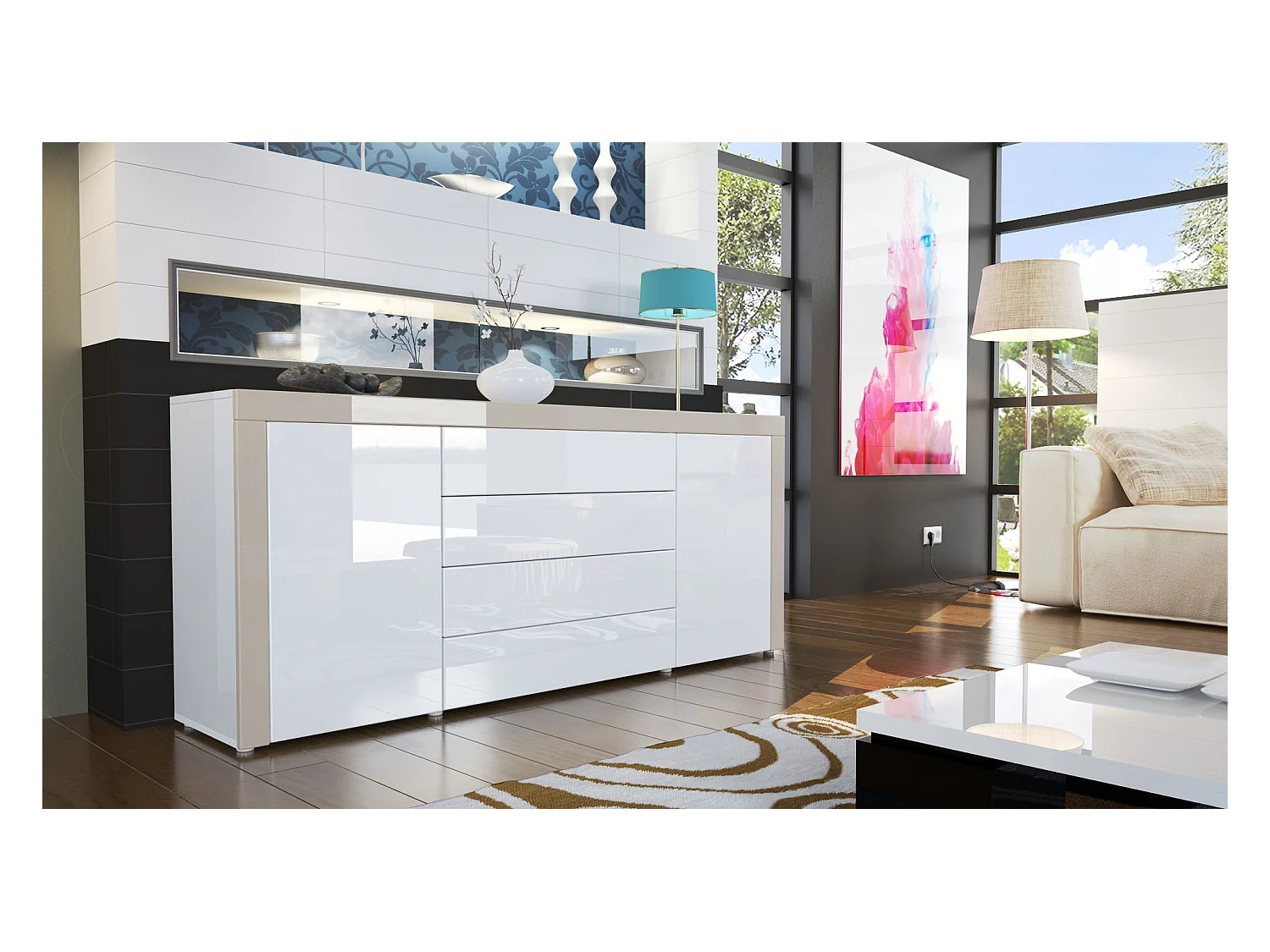 SIDEBOARD La Paz Weiß Hochglanz / Sandgrau Hochglanz