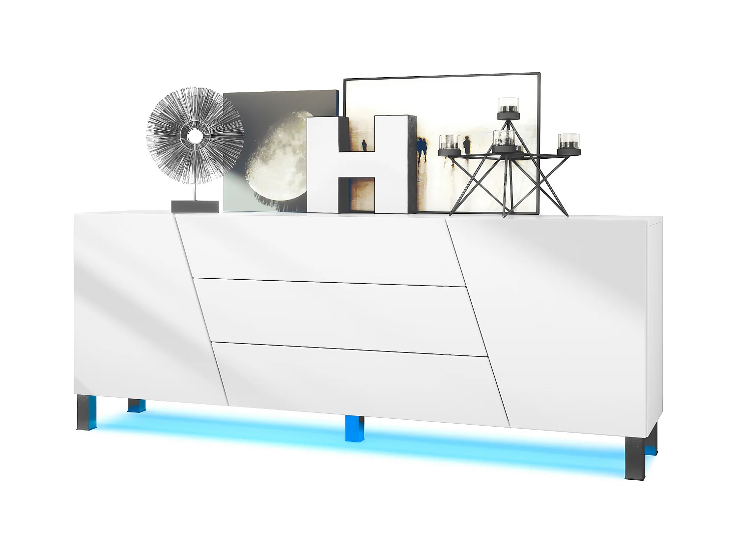 Aparador  Houston, cómoda con 2 puertas y 3 cajones, carcasa blanca mate, frentes blanca mate, éclairage LED inclus (178 x 57,5 x 38,5 cm)