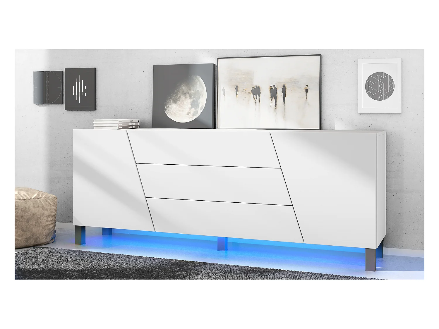 Aparador  Houston, cómoda con 2 puertas y 3 cajones, carcasa blanca mate, frentes blanca mate, éclairage LED inclus (178 x 57,5 x 38,5 cm)