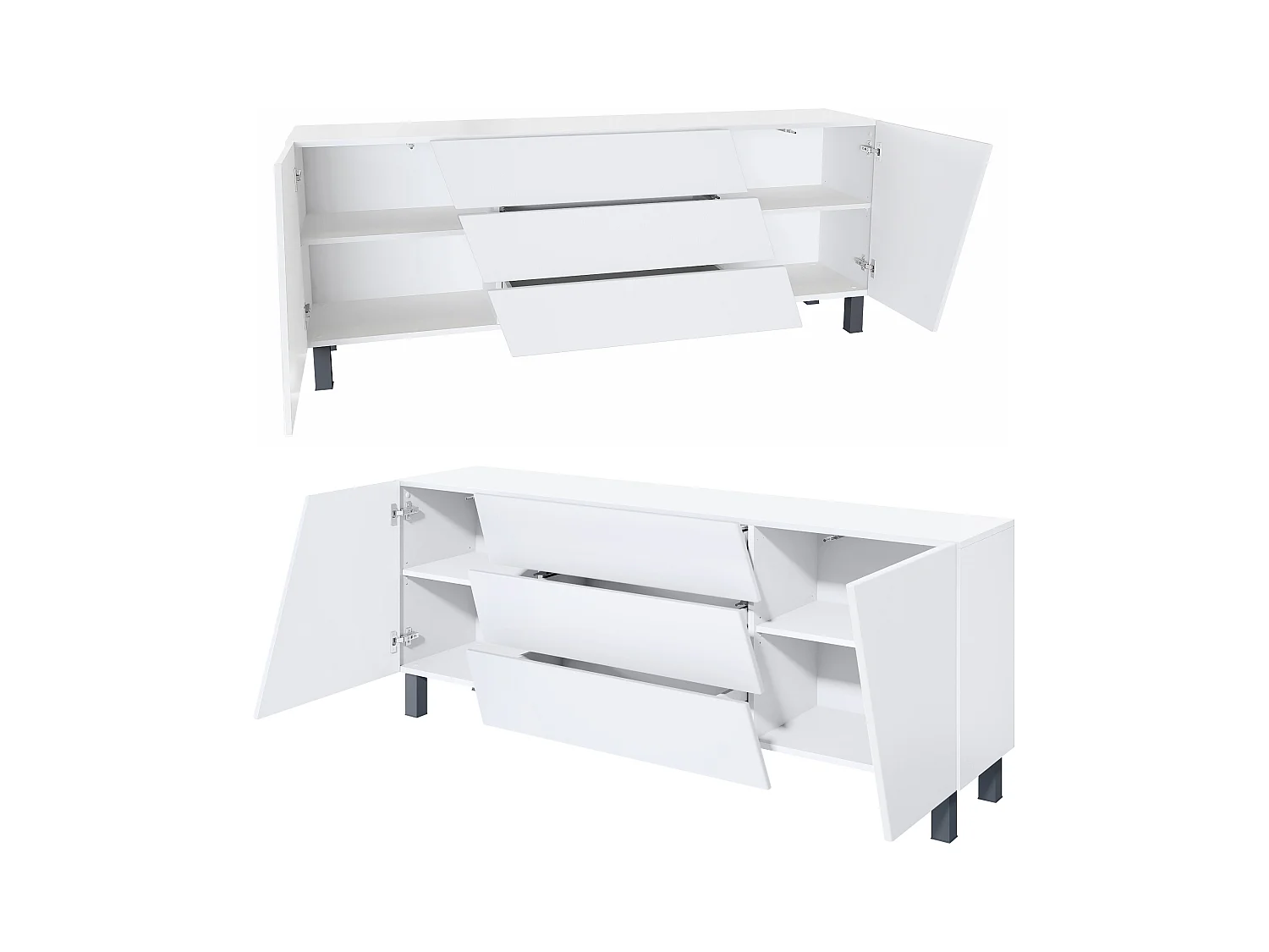 Aparador  Houston, cómoda con 2 puertas y 3 cajones, carcasa blanca mate, frentes blanca mate, éclairage LED inclus (178 x 57,5 x 38,5 cm)