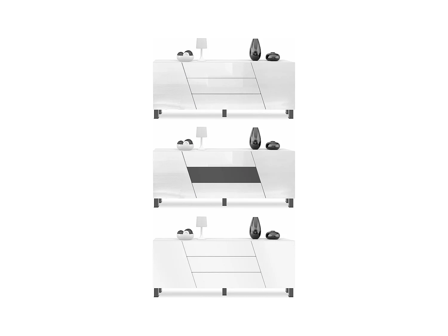 Aparador  Houston, cómoda con 2 puertas y 3 cajones, carcasa blanca mate, frentes blanca mate, éclairage LED inclus (178 x 57,5 x 38,5 cm)