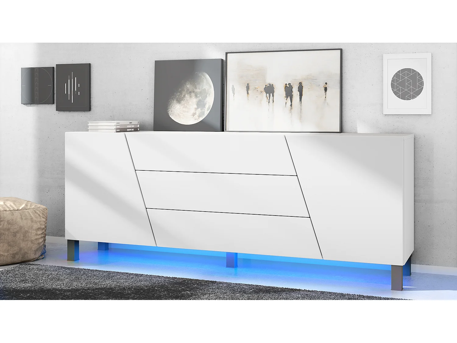 Aparador  Houston, cómoda con 2 puertas y 3 cajones, carcasa blanca mate, frentes blanca mate, éclairage LED inclus (178 x 57,5 x 38,5 cm)