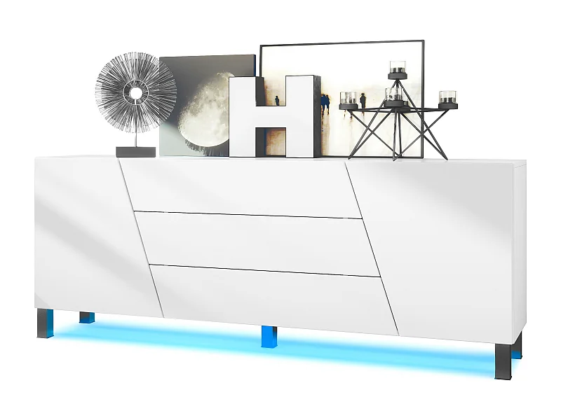 Aparador  Houston, cómoda con 2 puertas y 3 cajones, carcasa blanca mate, frentes blanca mate, éclairage LED inclus (178 x 57,5 x 38,5 cm)