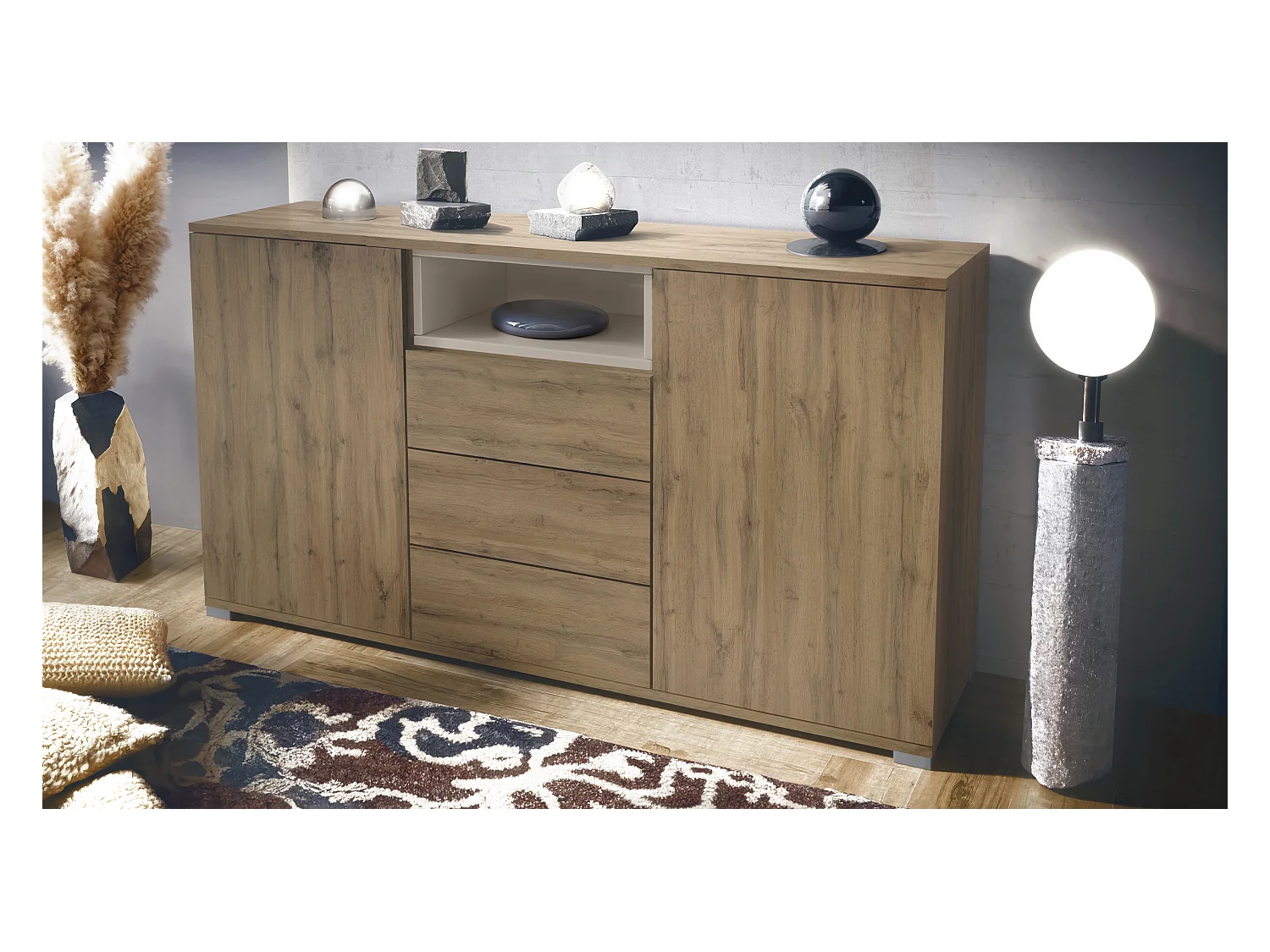 Skadu V2 Buffet, Commode avec 2 portes, 3 tiroirs et 1 compartiment ouvert, Chêne Evoke/gris sable haute brillance (138,5 x 75,5 x 35 cm)
