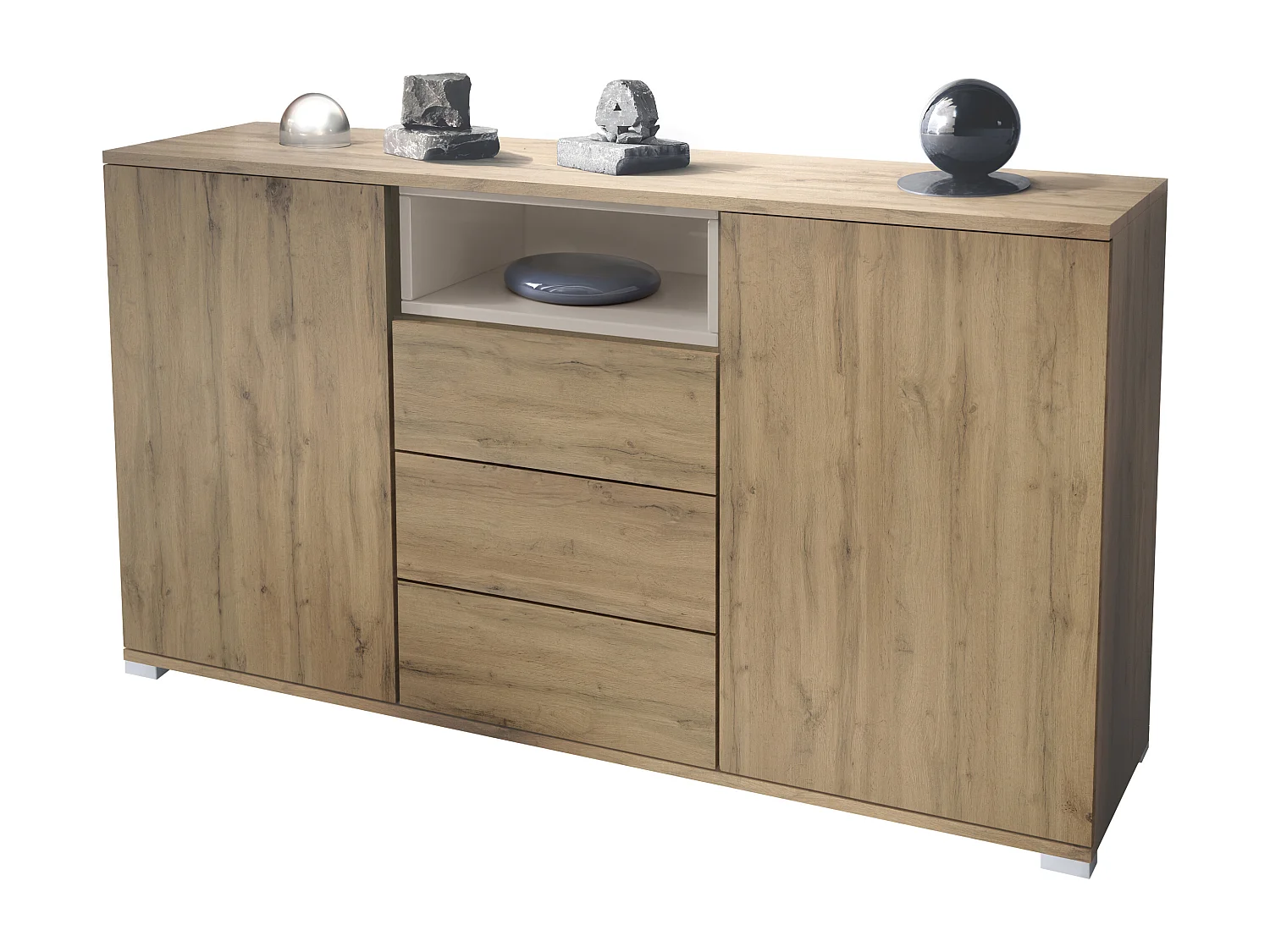 Skadu V2 Buffet, Commode avec 2 portes, 3 tiroirs et 1 compartiment ouvert, Chêne Evoke/gris sable haute brillance (138,5 x 75,5 x 35 cm)