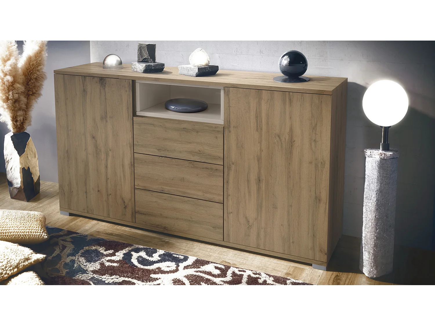 Skadu V2 Buffet, Commode avec 2 portes, 3 tiroirs et 1 compartiment ouvert, Chêne Evoke/gris sable haute brillance (138,5 x 75,5 x 35 cm)