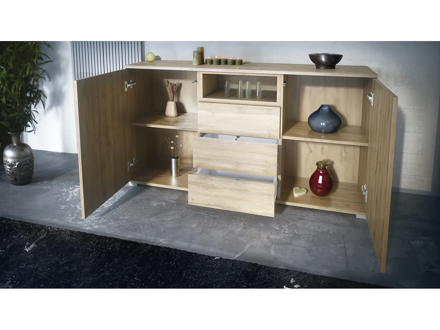Skadu V2 Buffet, Commode avec 2 portes, 3 tiroirs et 1 compartiment ouvert, Chêne Evoke/gris sable haute brillance (138,5 x 75,5 x 35 cm)