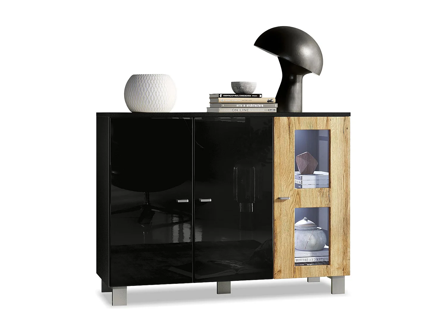 Buffet Denjo, Commode avec 3 portes, Noir mat/Noir haute brillance/Chêne Nature, éclairage LED inclus (107 x 81 x 35 cm)