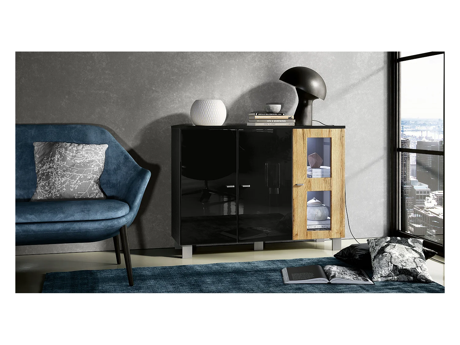Buffet Denjo, Commode avec 3 portes, Noir mat/Noir haute brillance/Chêne Nature, éclairage LED inclus (107 x 81 x 35 cm)