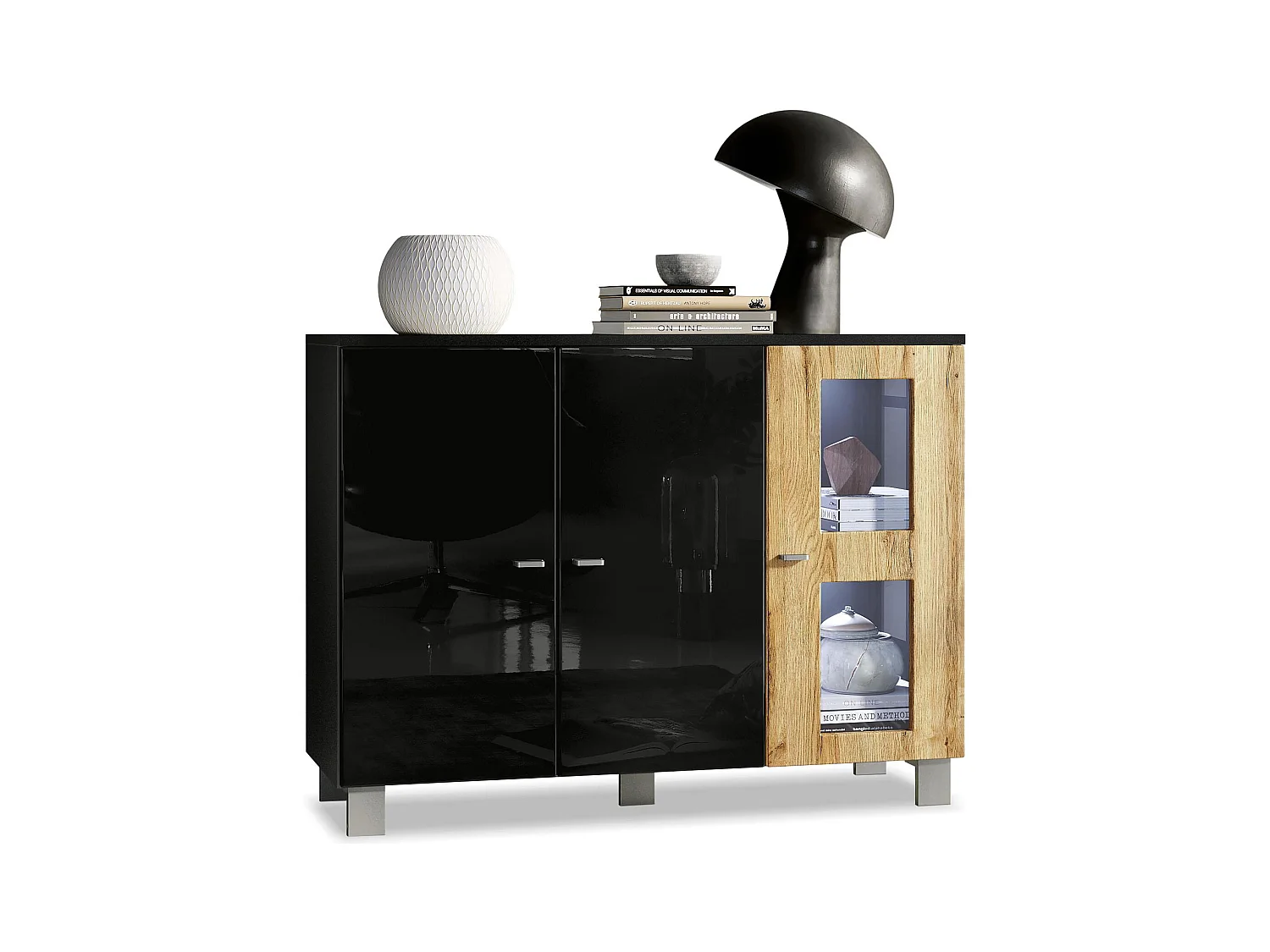 Buffet Denjo, Commode avec 3 portes, Noir mat/Noir haute brillance/Chêne Nature, éclairage LED inclus (107 x 81 x 35 cm)