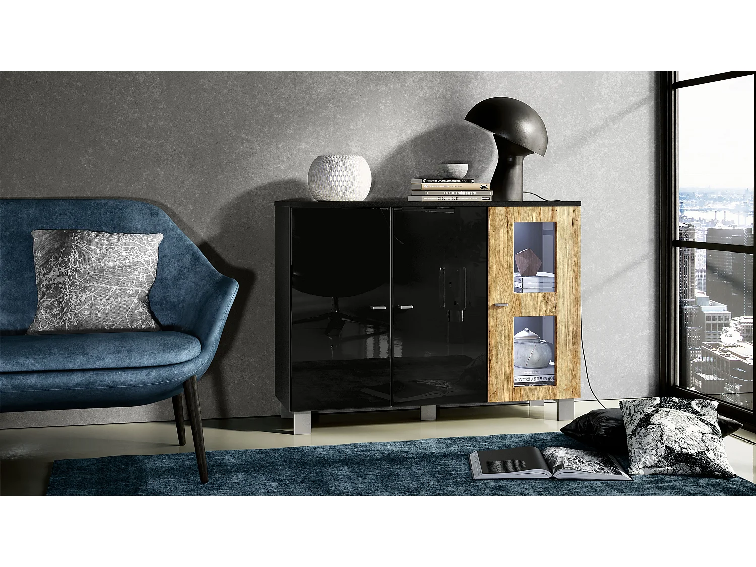 Buffet Denjo, Commode avec 3 portes, Noir mat/Noir haute brillance/Chêne Nature, éclairage LED inclus (107 x 81 x 35 cm)
