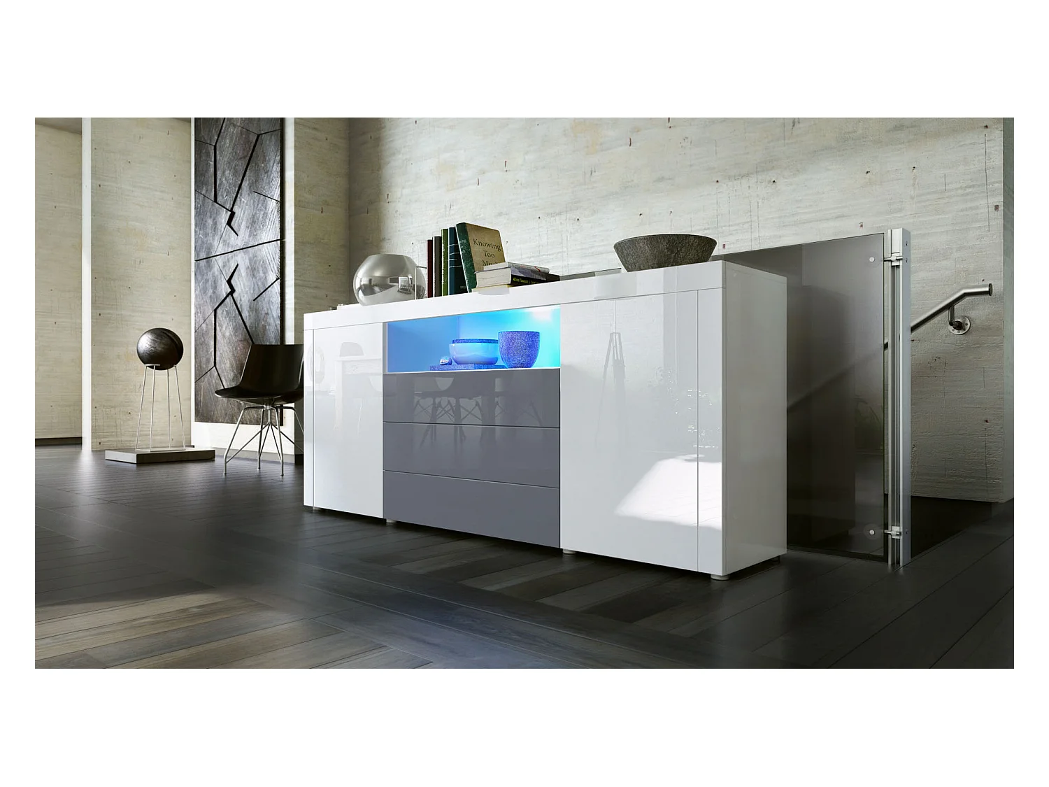 SIDEBOARD Santiago Weiß Hochglanz / Grau Hochglanz