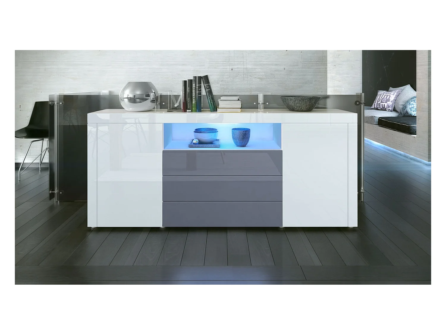 SIDEBOARD Santiago Weiß Hochglanz / Grau Hochglanz