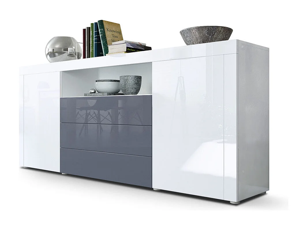Vladon Sideboard Santiago, blanco de alto brillo/gris de alto brillo - Modern chest of drawers for your living area - (WxHxD) 167 x 72 x 35 cm
