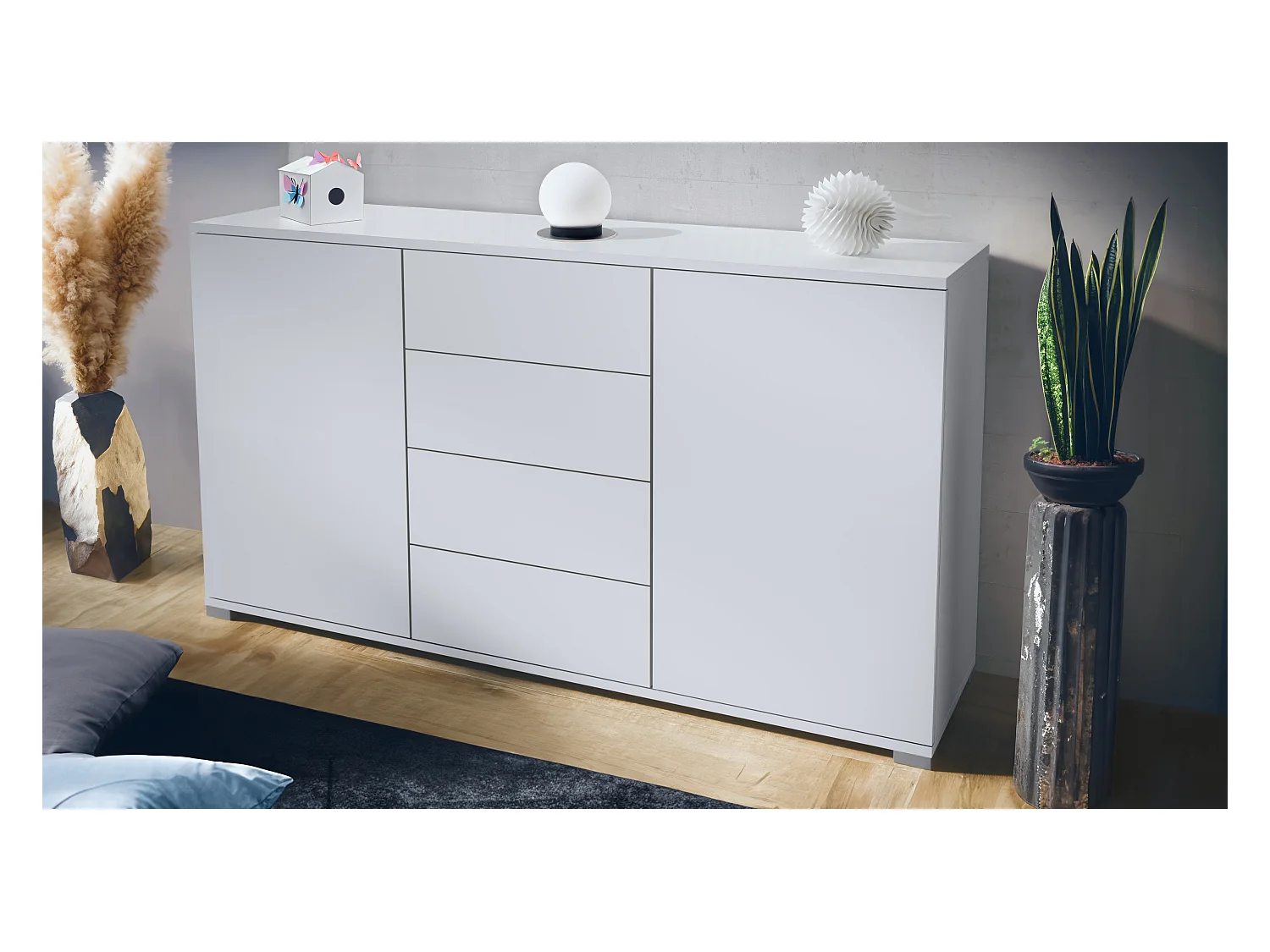 Buffet Santo V1, Enfilade avec 2 portes et 4 tiroirs, blanc mat / blanc mat (138,5 x 75,5 x 35 cm)