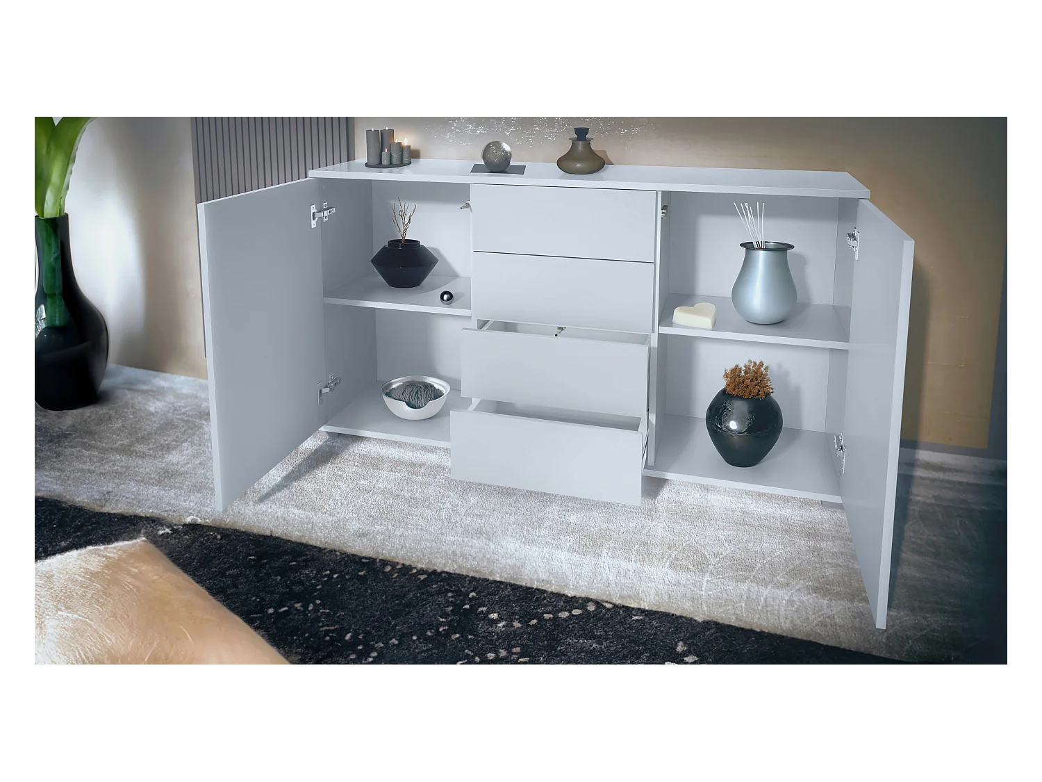 Buffet Santo V1, Enfilade avec 2 portes et 4 tiroirs, blanc mat / blanc mat (138,5 x 75,5 x 35 cm)