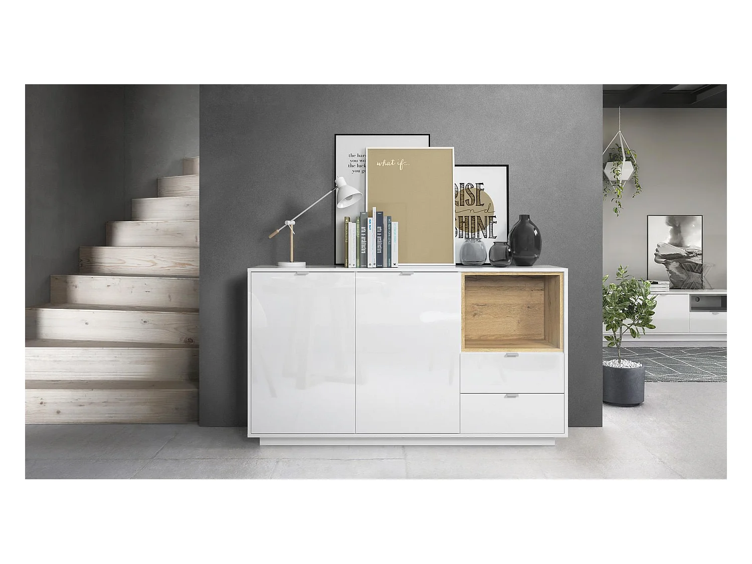 Buffet Armoire Metro, Corps en Blanc haute brillance / Façades en Blanc haute brillance avec une insertion en Chêne Nature, incl. L'éclairage LED
