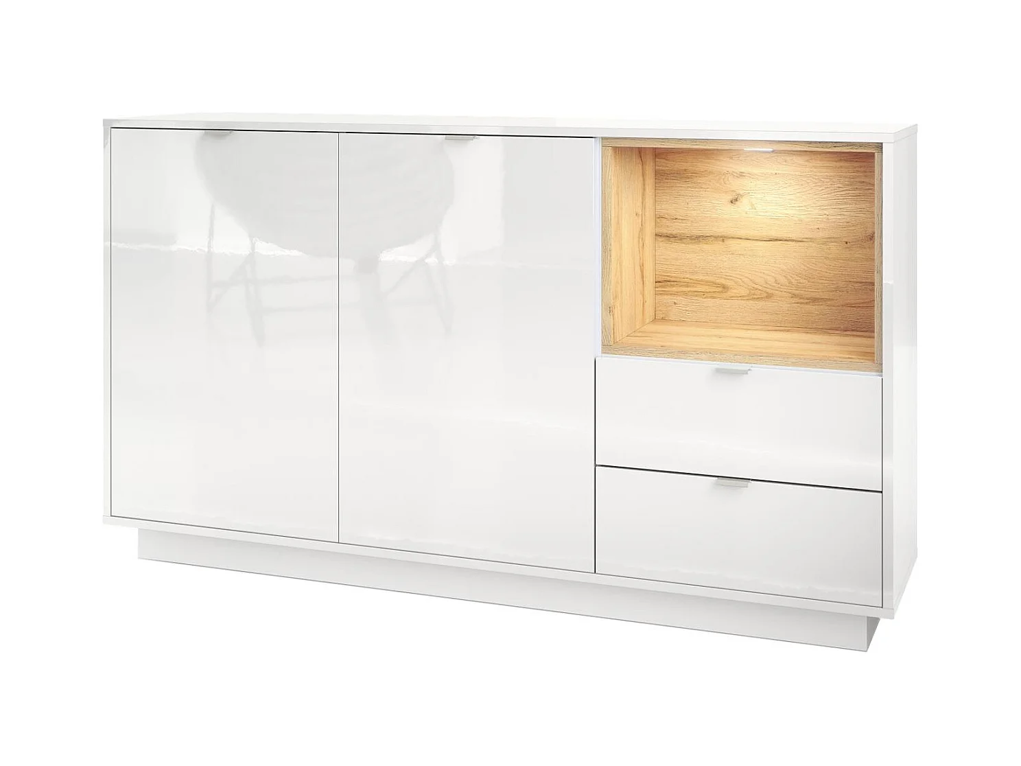 Buffet Armoire Metro, Corps en Blanc haute brillance / Façades en Blanc haute brillance avec une insertion en Chêne Nature, incl. L'éclairage LED
