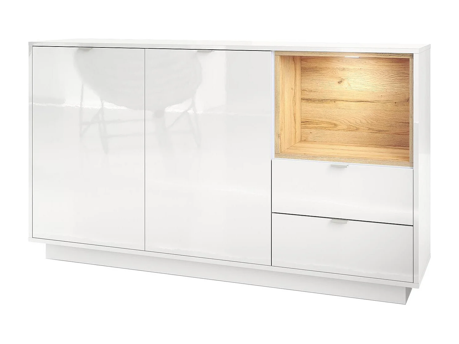Credenza Metro, struttura in bianco lucido / frontale in bianco lucido con inserto in rovere naturale, illuminazione a LED inclusa.